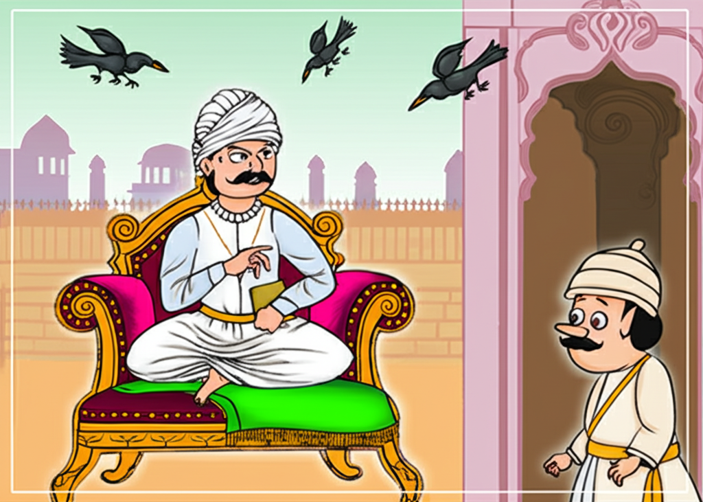 An illustration of Emperor Akbar sitting on his throne, looking puzzled, with Birbal standing in front of him and a cityscape in the background, featuring crows flying overhead. The image should convey the scene where Birbal arrives to answer the tricky question.