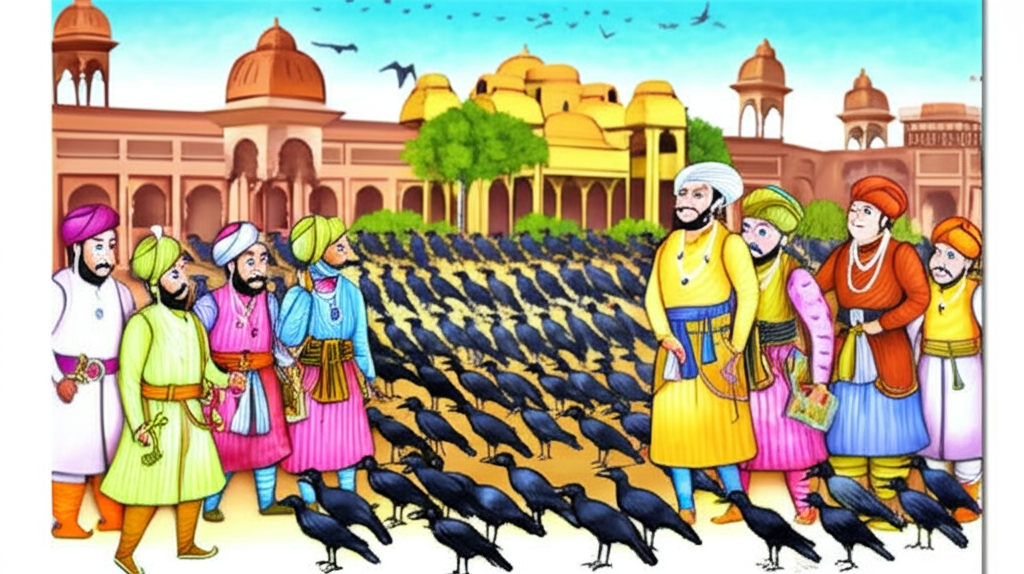 A group illustration featuring Emperor Akbar, Birbal, and several courtiers or guards counting crows in the city. The image should convey the scene where Birbal suggests counting the crows to determine their number. In the center, Akbar is smiling, pleased with Birbal’s solution.