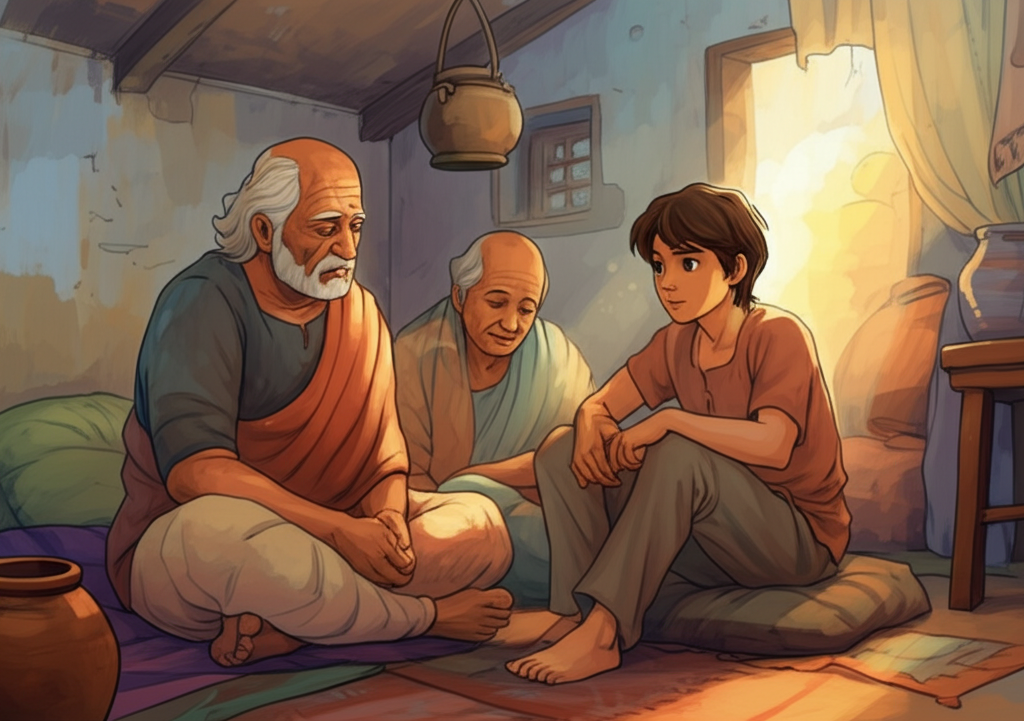Watercolor illustration of the son, a young man with brown hair and simple brown clothes, sitting beside his blind parents (dad with grey hair, mom with dark hair) in their humble home. The son looks determined. Soft, muted colors. The style should be illustrative and children-friendly