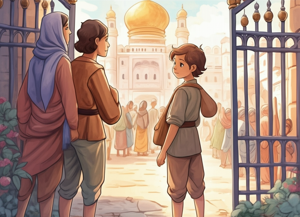 Watercolor painting of the son, with brown hair and simple brown clothes, arriving at the bustling city gate. He is wearing a satchel over his shoulder. In the background is the grand King’s palace. Use pastel colors. The style should be illustrative and children-friendly.