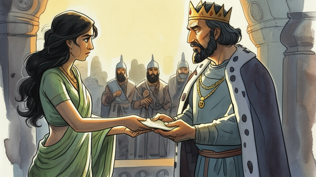 ‘Watercolor illustration of the wife, a young woman with dark hair and simple green clothes, handing the paper to the King, a stern-looking man in royal blue robes and a crown. Guards stand behind the King. Focus on their expressions. Use warm, but muted colors. The style should be illustrative and children-friendly.}