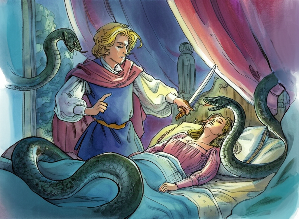 Watercolor illustration of the prince, a handsome young man with blond hair wearing traveling clothes, fighting two snakes emerging from the princess’s nose in her royal bedchamber. The princess sleeps soundly. Use dark, dramatic colors with highlights on the snakes. The style should be illustrative and children-friendly but depicting action