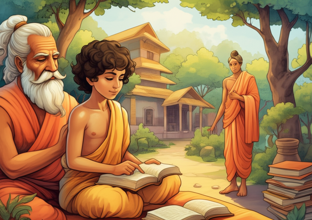 Watercolor illustration of the young Prince Brahma-datta (light brown skin, dark curly hair, wearing simple gold-trimmed robes) as a sixteen-year-old student at Takkasila, diligently studying ancient texts with a wise-looking guru (white hair, long beard, saffron robes). Lush green trees and traditional buildings in the background. Soft, warm color palette.