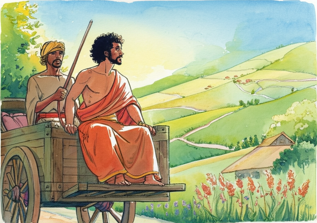 Watercolor illustration of King Brahma-datta (light brown skin, dark curly hair, short beard, simple brown clothes) in a wooden chariot driven by his loyal driver (dark brown skin, simple brown clothes). The King is looking out at the countryside, searching for someone to tell him his faults. Rolling green hills and small villages dot the background. The light is bright and hopeful, with pops of color in the wildflowers.