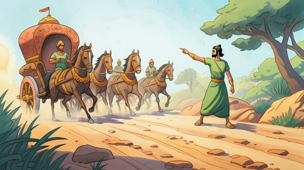 Watercolor illustration depicting the pivotal moment where the chariots of King Brahma-datta (light brown skin, dark curly hair, short beard, simple brown clothes) and King Mallika (slightly darker brown skin, straight black hair, wearing simple green clothes) meet on a narrow, bumpy road. Their drivers (dark brown skin, simple brown clothes for Brahma-datta’s driver and dark green skin, simple green clothes for Mallika’s driver) are arguing. Dust is kicked up by the chariot wheels. A sense of tension fills the scene. Use earth tones with accents of red on the chariots.