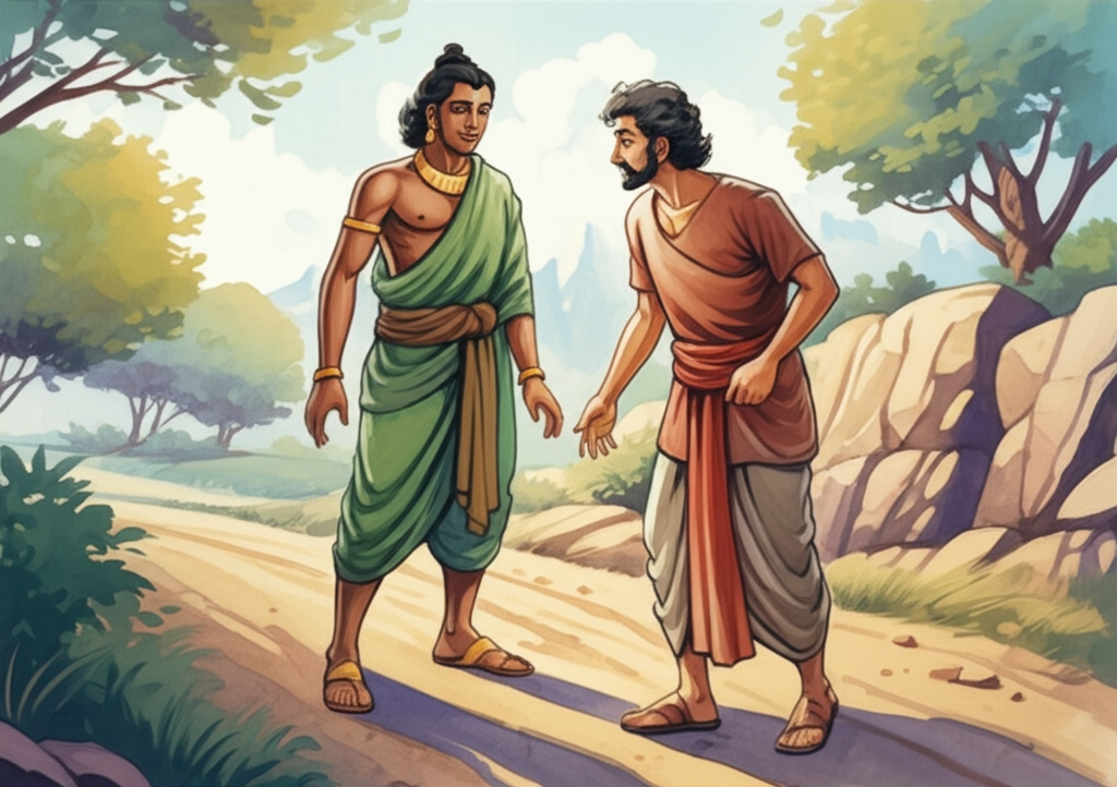 Watercolor illustration showing King Mallika (slightly darker brown skin, straight black hair, simple green clothes) humbly removing the horses from his chariot to make way for King Brahma-datta (light brown skin, dark curly hair, short beard, simple brown clothes). Brahma-datta is looking down at Mallika with a gentle, understanding expression. The scene reflects humility and respect. The background shows the winding road and the countryside. Softer, muted colors to emphasize the emotional tone.