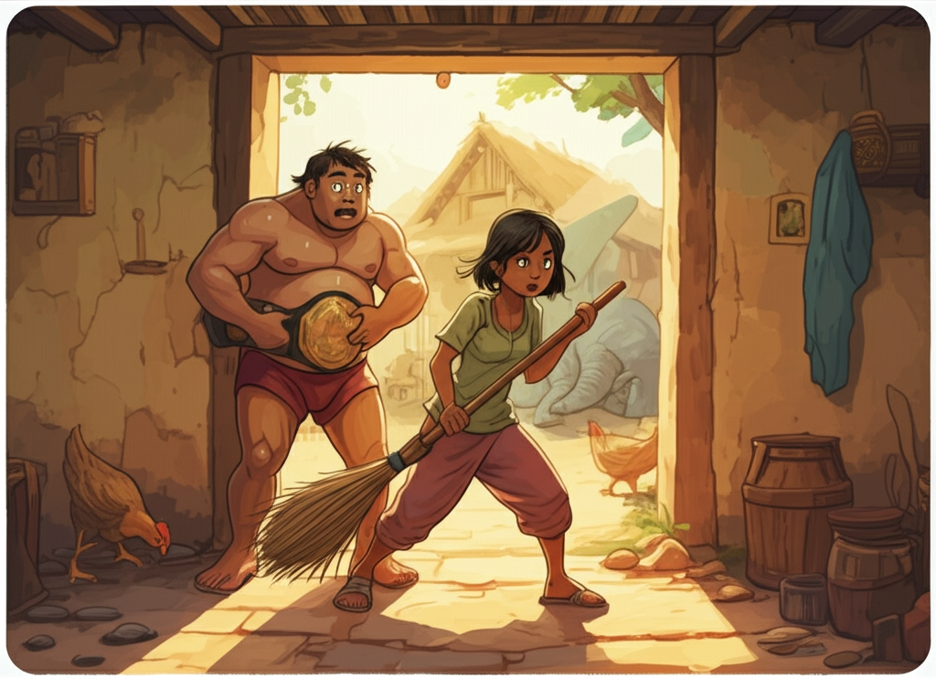 Watercolor illustration, bathed in warm morning light, of Ajit, a young woman with a strong build and determined expression, sweeping a dead elephant out the door of her simple mud-brick home with a worn straw broom. Dust motes dance in the sunbeams streaming through the doorway. The wooden floor is uneven and worn. The visiting wrestler, a muscular man with a wide-eyed, surprised expression and sweat glistening on his brow, stands nearby, clutching his wrestling belt, watching in disbelief. A few chickens peck around the yard outside. Soft shadows fall across the scene, emphasizing the depth of the doorway. The color palette is earthy tones of browns, greens, and yellows, creating a rustic, humble atmosphere. Focus on soft blending and natural watercolor flow.