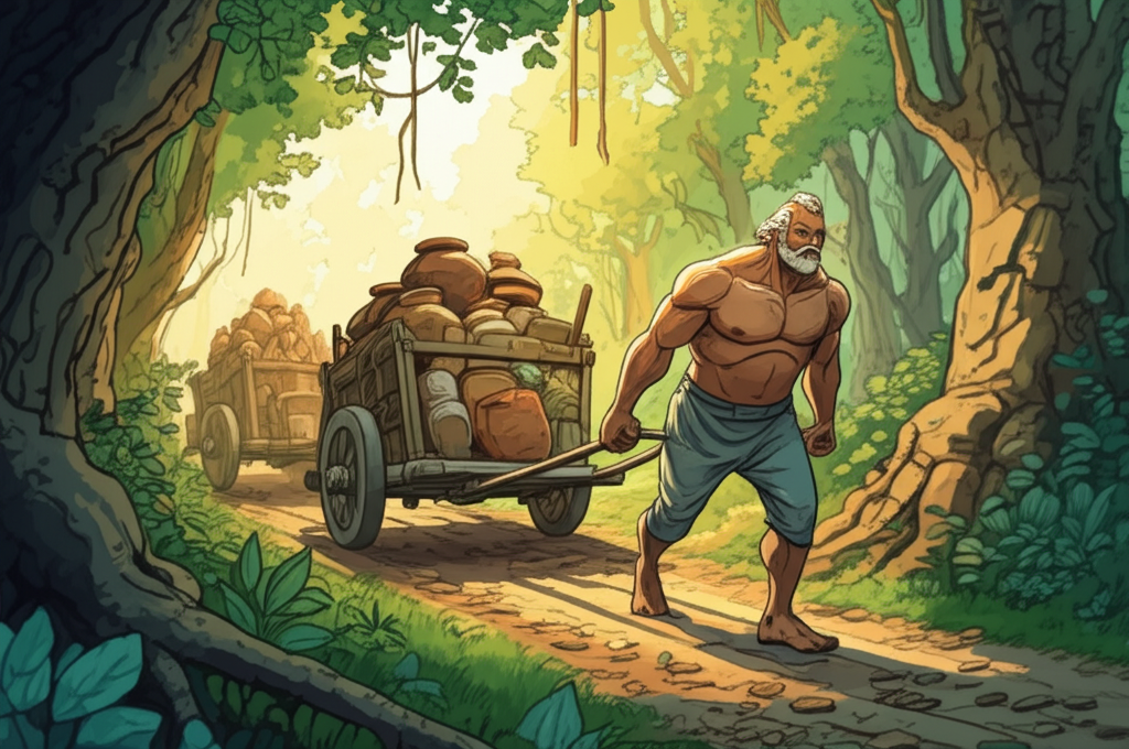 Watercolor illustration of Ajit’s father, a very large, strong wrestler with a weathered face and bulging muscles, pulling three hundred heavily laden carts through a lush, sun-dappled forest. The trees are vibrant green with dappled sunlight filtering through the leaves, contrasting with the dark, worn wooden carts and the hard work etched on his face. His brow is furrowed with effort. Roots are visible on the forest floor. The carts are filled with various goods, including pottery, textiles, and grain. The color palette is dominated by greens and browns, with pops of color from the goods on the carts. Focus on wet-on-wet watercolor techniques to create a sense of depth and atmosphere. Time of day: late afternoon, long shadows.