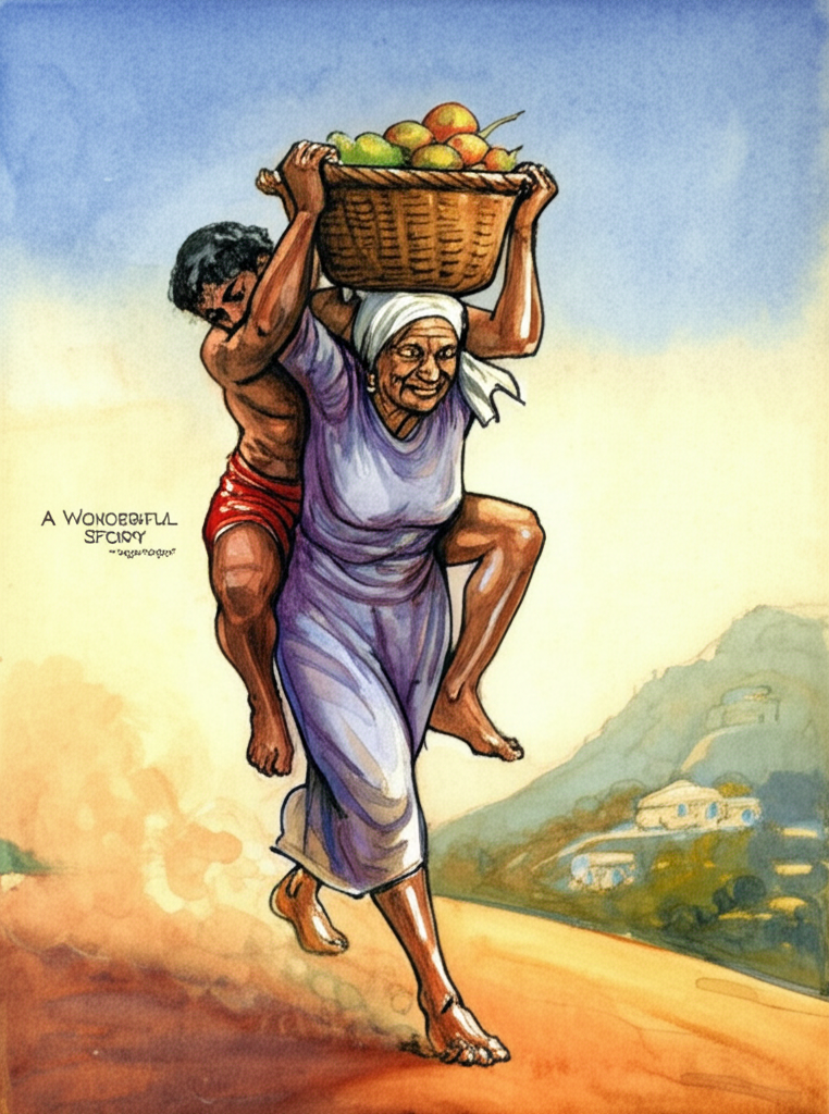 Watercolor illustration of the old woman, her face etched with wrinkles and a serene smile, walking steadily. Two wrestlers, one with a red dhoti and the other with a blue one, are actively wrestling on her shoulders, balanced on her strong hands. They are caught mid-action, straining against each other. The old woman balances a large, intricately woven basket filled with ripe fruit on her head. The basket is secured with a worn piece of cloth. Dust kicks up around her bare feet. The scene is bathed in the golden light of the setting sun. The background features rolling hills and a distant village. The color palette emphasizes warm tones with touches of bright red and blue. Watercolor style should be loose and expressive, capturing the movement and energy of the wrestlers.