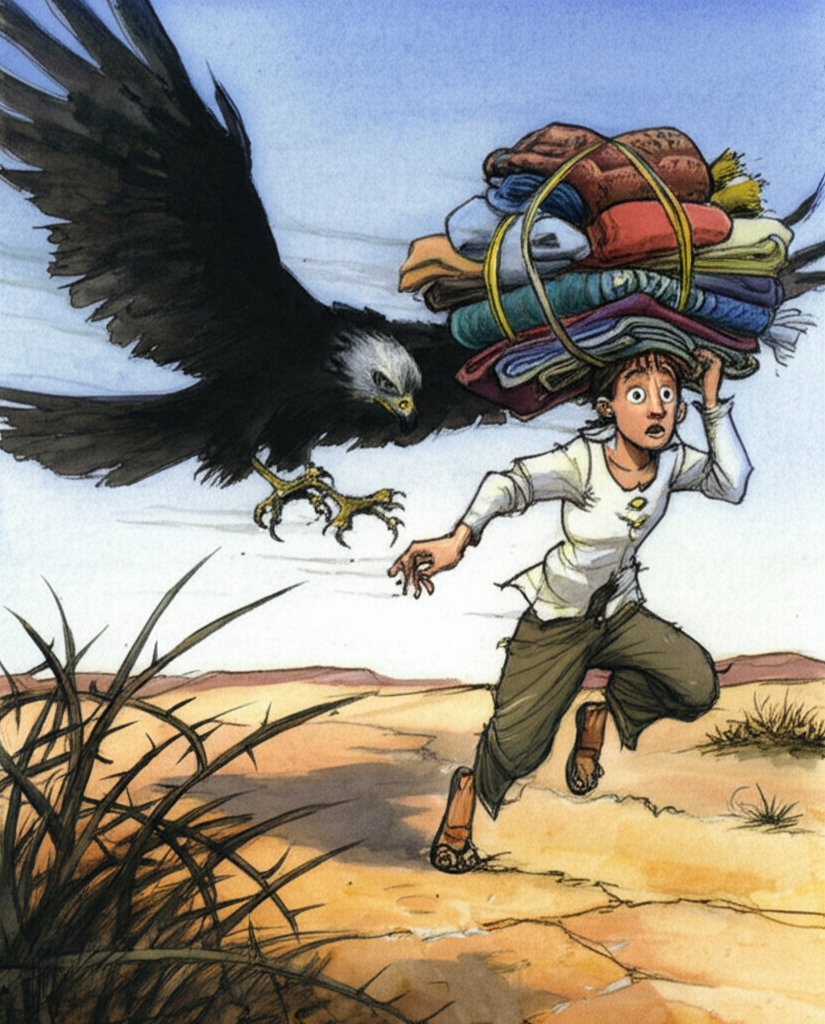 Watercolor illustration of the old woman’s son, a young man with wide eyes and a panicked expression, running away at full speed. He has a very large, haphazardly tied bundle of colorful carpets and blankets balanced precariously on his head. A large, predatory kite with sharp talons is swooping down menacingly to grab the bundle, its shadow falling across his face. The background is a dry, arid landscape with thorny bushes and a cracked, dusty earth. The color palette is muted browns, oranges, and yellows, reflecting the harsh environment. The wind whips at his clothes, adding to the sense of urgency. The watercolor technique should be slightly looser and more textured to convey the frantic energy.