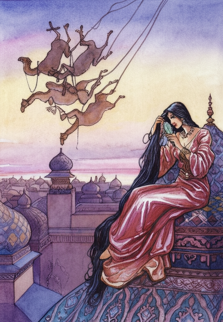 Watercolor illustration of the princess, adorned in jewels and a flowing silk robe, sitting on the ornate, tile-covered roof of her palace. She is brushing her long, black, flowing hair with a jeweled comb. The roof overlooks a bustling city with intricate architecture. The time is twilight, with a soft purple and orange sky. A bundle of unruly camels, tied together with rope, is comically falling from the sky towards her face, their legs flailing. Some of the rope is frayed. The color palette is rich and vibrant, with deep blues, purples, and golds. The style should be highly detailed and elegant, emphasizing the princess’s beauty and the opulence of her surroundings.
