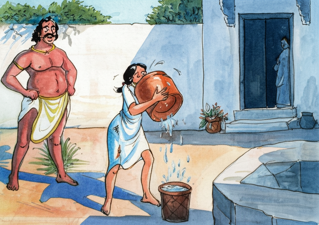 Watercolor illustration of Ajit, in a simple, worn cotton dress, casually drinking an entire terracotta tub of water in one single, impressive gulp. Water spills down her chin and neck. The visiting wrestler, a muscular man with a comical expression of astonished disbelief, stands nearby, his jaw dropped. The scene takes place in a simple courtyard with a well and a few potted plants. The walls are whitewashed and slightly cracked. The light is bright and direct, casting sharp shadows. The color palette is warm and inviting, with blues, greens, and terracotta tones. The watercolor technique should be loose and expressive, capturing the humorous scene.