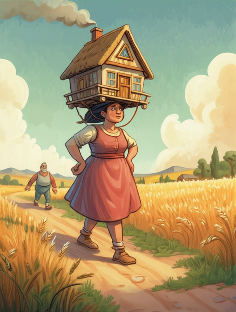 Watercolor illustration of Ajit, with a small but sturdy house balanced perfectly on her head, walking confidently down a dusty path. The house is simple but charming, with a thatched roof and small windows. Smoke curls from the chimney. The visiting wrestler, looking intimidated and slightly pale, walks slightly ahead of her, glancing back nervously. A field of golden wheat stretches out in the background, shimmering in the afternoon sun. The color palette is warm and earthy, with golds, browns, and greens. The watercolor technique should emphasize the texture of the thatched roof, the dusty path, and the shimmering wheat field. Light creates a strong contrast, emphasizing the house on Ajit’s head.
