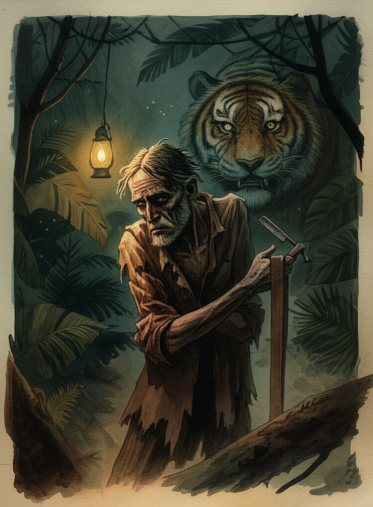 A watercolor illustration of a gaunt barber, Hím, Hím’s age is evident with tired lines in his face. His ragged, faded brown clothes hang loosely on his frame, illuminated by the single, flickering light of an oil lamp hanging nearby. He is sharpening his rusty razor on a worn leather strap in the extreme foreground, casting long, dramatic shadows. Behind him, blurred and menacing, looms a massive, fearful tiger in a dark, humid jungle at night, eyes wide with anxiety, reflecting the dim lamplight. The jungle is a deep green and black, punctuated by occasional fireflies. The color palette is largely muted and dark, conveying a sense of desperation and fear. The air is thick with humidity, almost visible in the watercolor’s texture. The background consists of huge leaves and vines.