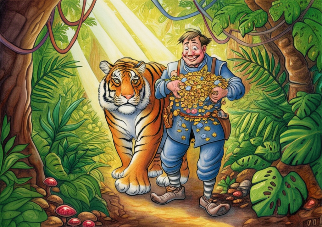 A watercolor illustration depicting Barber Hím, now surprisingly clean-shaven and smartly dressed in simple, dark blue garb, his arms overflowing with shimmering gold coins and colorful jewels that sparkle with reflected light. He is being led through a lush, vibrant green jungle by a large, orange and black striped tiger. The tiger looks nervously back at Hím, its ears slightly drooped, its tail tucked between its legs. Sunlight filters through the dense canopy, dappling the scene with bright highlights. The color palette is rich and warm, suggesting sudden prosperity. The jungle floor is covered in decaying leaves and bright fungi. Hints of Hím’s barber tools are visible in a pouch attached to his belt. The tiger’s fur is realistically textured, with individual hairs slightly visible.