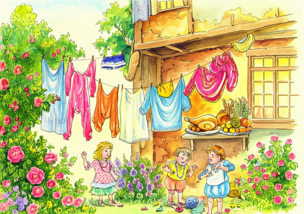 A watercolor illustration of a humble, dilapidated cottage transforming into a grand house adorned with vibrant, colorful clothing drying on a line – reds, blues, and yellows stand out against the pale sky. Delicious food, including roasted meats and golden fruit, is displayed on a sturdy wooden table visible through the large, newly installed window, reflecting a warm, inviting light. Children with bright smiles are playing with shiny necklaces and polished stones in the foreground, their laughter almost audible. The surrounding garden is overflowing with blooming flowers. The color palette shifts from muted earthy tones to bright, celebratory colors, reflecting the change in fortune. The textures are rich – rough wood siding, soft fabrics, and gleaming jewels. The overall atmosphere is one of joyous transformation and newfound happiness.