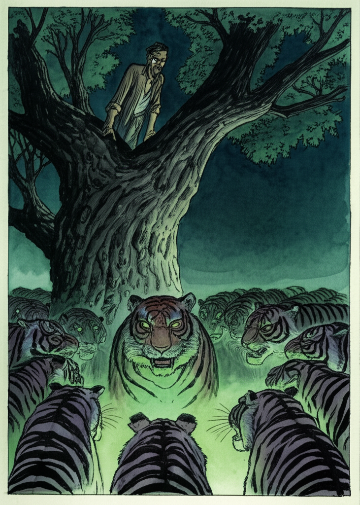 A watercolor illustration showing Hím, with a grim expression and a week’s worth of stubble, and a thin, trembling beggar with tattered clothing perched high in the leafy branches of a massive, ancient tree. Their faces are lit by the eerie green glow from below. Below them, a circle of tigers is gathered, their eyes glowing ominously in the darkness. The one-eyed tiger king is in the center, larger and more menacing than the others, his scarred face partially obscured by shadows. Moonlight filters through the branches, creating a dramatic, unsettling atmosphere. The color palette is dark and cool, with splashes of green and orange from the tigers’ eyes. The texture of the tree bark is rough and gnarled. The air is still and heavy with anticipation.