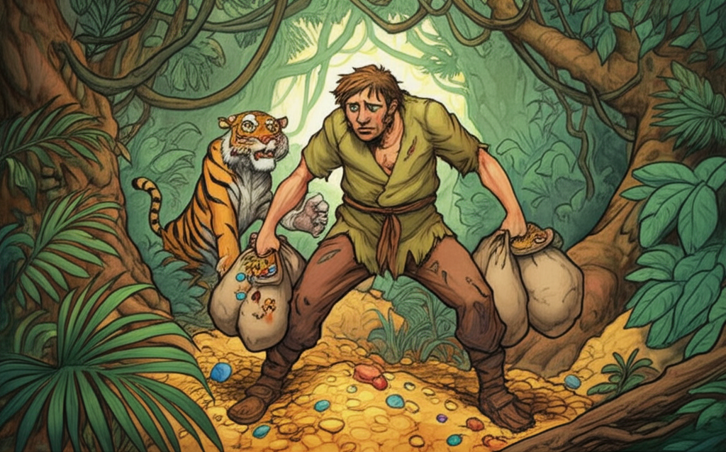 A watercolor illustration of Hím, standing bravely despite his evident fatigue, holding two overflowing sacks of gold and jewels. The coins and jewels shimmer with a golden light. Behind him, a very scared tiger is pleading with him, ears drooping, its tail wagging tentatively. The background shows a dense, almost impenetrable jungle, with tangled vines and towering trees. The lighting is soft and diffused, creating a slightly surreal atmosphere. The color palette is a mix of warm golds and greens, contrasting with the tiger’s fearful expression. The texture of the sacks is coarse and heavy. Hím’s clothes are slightly torn, suggesting a struggle.