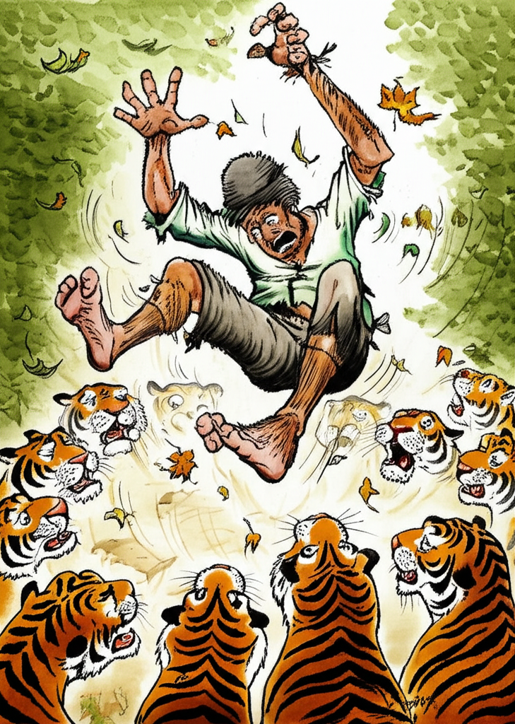 A watercolor illustration of the terrified beggar plummeting from a tall, precarious tree, his arms and legs flailing wildly. His face is contorted in a scream. Below him, a circle of surprised and alarmed tigers look up in shock and fear, their eyes wide and uncomprehending. Dust and leaves swirl around him as he falls. The background is a blur of green and brown, suggesting the speed of his descent. The color palette is a mix of bright greens and browns, contrasted with the beggar’s pale skin and tattered clothing. The texture of the tree bark is rough and splintered. The air is thick with the smell of damp earth.