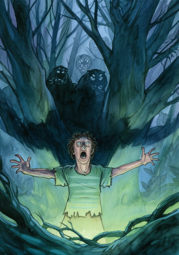 A watercolor illustration of a wide-eyed Hím shouting dramatically with his arms outstretched in the Tigers’ Jungle. His face is lit from below by a strange, unseen light, casting long, distorted shadows. In the background are tiger silhouettes fleeing in panic into the dark, impenetrable trees, their forms barely visible against the darkness. The color palette is primarily dark blues and greens, with hints of a mysterious, ethereal light source. The texture of the trees is rough and textured, creating a sense of depth and mystery. The overall atmosphere is one of chaos and fear, with Hím appearing almost possessed.