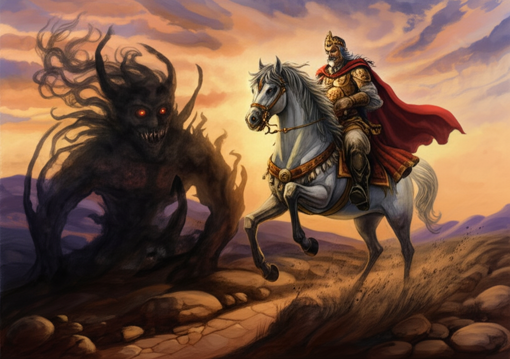 Watercolor illustration, golden hour lighting, of King Manikbasa, a strong, determined figure with a furrowed brow, adorned in ruby-red velvet clothing with intricate gold embroidery and a golden crown encrusted with sapphires. He rides a powerful, muscular white horse, its mane flowing in the wind. In the background, on the side of a dusty road with cracked earth and scattered pebbles, a sinister-looking, shadowy monster with glowing red eyes is mid-transformation into a beautiful queen with flowing dark hair and a deceptively alluring smile. The sky is a blend of orange, pink, and purple, casting long shadows. Emphasis on the contrast between the king’s vibrant colors and the monster’s dark, ominous presence. Watercolor with soft blending and natural flow.