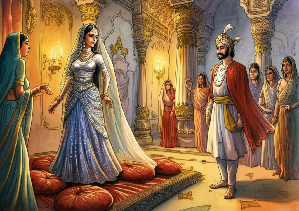 Watercolor illustration, indoor lighting with warm candlelight, of the monster-queen, now in elegant royal attire made of shimmering silk with silver thread and delicate pearl accents, being married to King Manikbasa in his opulent palace. The palace is filled with ornate pillars, rich tapestries depicting historical scenes, and gleaming gold ornaments. King Manikbasa appears distant and perhaps slightly uneasy. His seven wives watch from a distance, their faces etched with concern and anxiety. They wear simple, muted gowns, their body language conveying worry and apprehension. Details like the textures of the velvet cushions, the polished marble floors, and the flickering candlelight reflecting in their eyes should be emphasized. Watercolor with soft blending and natural flow.