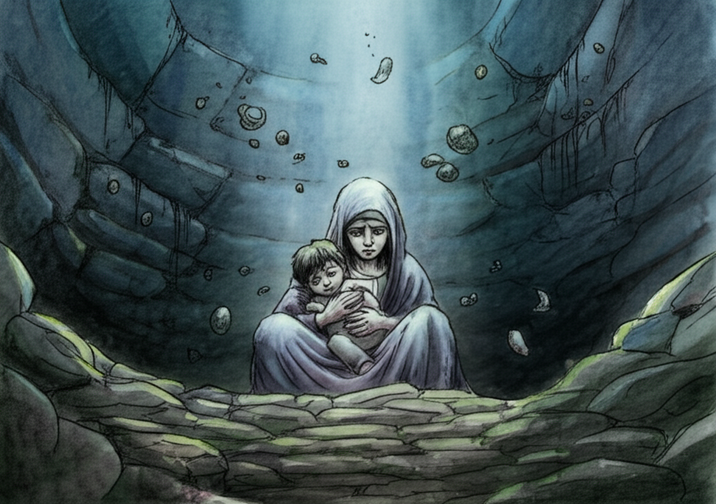Watercolor illustration, single ray of hope lighting, of the youngest queen in the hole, refusing to eat her son. The deep, dark hole is damp and cold, with moss clinging to the rough walls. She is gaunt and pale, but her eyes burn with fierce maternal love. Her young son clings to her, his face buried in her lap. A single ray of light shines down from above, illuminating her and her child, creating a halo effect. Wisps of rotting, unappetizing food float around them, adding to the oppressive atmosphere. The illustration should convey resilience and unwavering love in the face of despair. Watercolor with soft blending and natural flow.