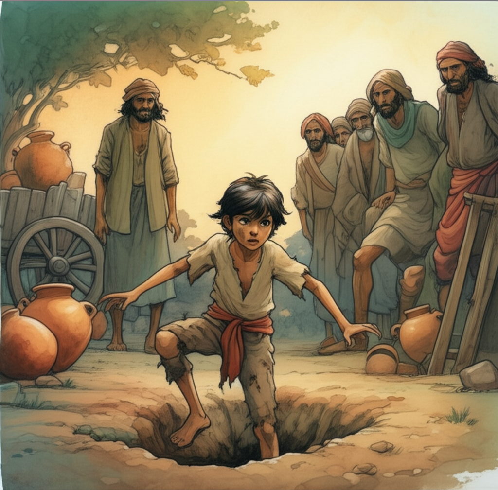 Watercolor illustration, muted tones with a touch of hope, of Hiralalbasa, a young boy, cautiously climbing out of the hole. He is thin and dirty, his clothes ragged and torn. He approaches a group of villagers, their expressions initially wary, then softening with sympathetic understanding. The villagers are dressed in simple, earth-toned clothing. The scene takes place at dawn, with a soft light filtering through the trees. Focus on Hiralalbasa’s timid yet determined expression, and the villagers’ subtle shift from suspicion to compassion. There are broken clay pots and simple wooden carts surrounding them. Watercolor with soft blending and natural flow.