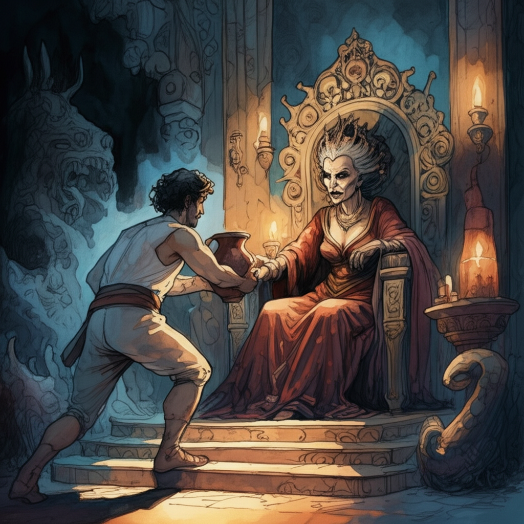 Watercolor illustration, cool and tense atmosphere, of Hiralalbasa, now a young man, presenting the monster-queen with a jug of rose-water. He is dressed in simple but clean attire, his eyes filled with a mixture of hope and apprehension. The queen, seated on a throne made of bone and draped with dark fabrics, looks furious and suspicious, her eyes narrowed and her lips curled in a sneer. Her surroundings are opulent but unsettling, with strange artifacts and disturbing artwork. The lighting is dim and flickering, casting long, distorted shadows. Emphasis on the contrast between Hiralalbasa’s earnestness and the queen’s malevolent aura. Watercolor with soft blending and natural flow.