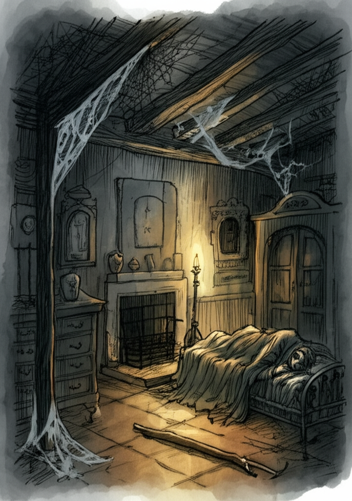 Watercolor illustration, eerie and suspenseful lighting, of Hiralalbasa encountering Sonahri in the monster’s house. The scene is dimly lit by a single flickering candle, casting long, dancing shadows. The room is sparsely furnished, with dust-covered furniture and cobwebs hanging from the ceiling. Sonahri lies on a bed covered with rough blankets, her face pale and drawn. A thick, gnarled stick lies at her feet, suggesting a struggle. She looks distressed and fearful, her eyes wide with alarm. The atmosphere is heavy with dread and suspicion. Watercolor with soft blending and natural flow.