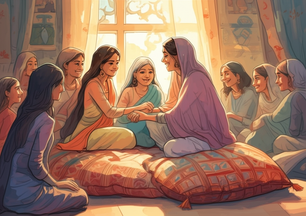 Watercolor illustration, warm and joyful lighting, of Hiralalbasa giving the eyes back to his mothers, the seven queens, in their new home. The new home is a modest but cozy dwelling, filled with light and warmth. The seven queens are seated on a large, colorful cushion embroidered with intricate patterns. Their faces are radiant with joy and relief as they receive their sight back. Soft light streams through the window, illuminating their faces and creating a sense of peace and contentment. Details like the intricate patterns on the cushion and the queens’ gentle expressions should be emphasized. Watercolor with soft blending and natural flow.