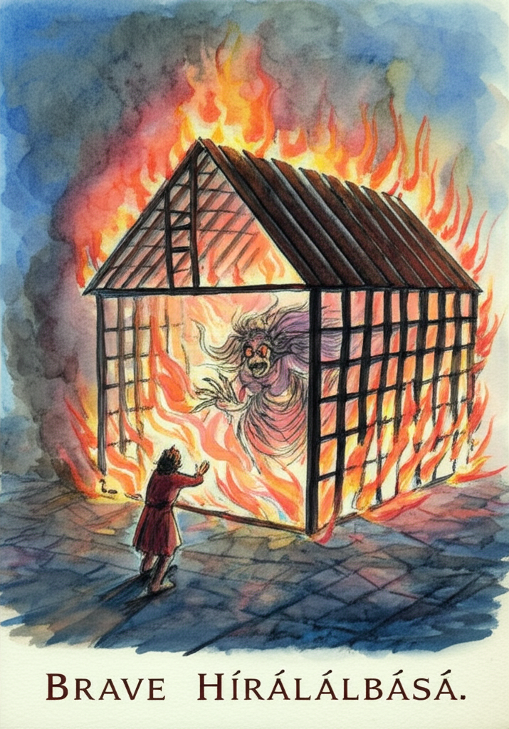 Watercolor illustration, fiery and chaotic lighting, of the monster-queen trapped inside a burning iron house. The iron house is engulfed in flames, the metal glowing red-hot. The monster-queen is transforming into a monstrous form, her features distorted and grotesque, her eyes burning with rage. King Manikbasa watches in horror from a safe distance, his face etched with fear and disbelief. The sky is filled with smoke and ash, creating a dramatic and apocalyptic scene. Emphasis on the contrast between the burning house and the horrified king. Watercolor with soft blending and natural flow.