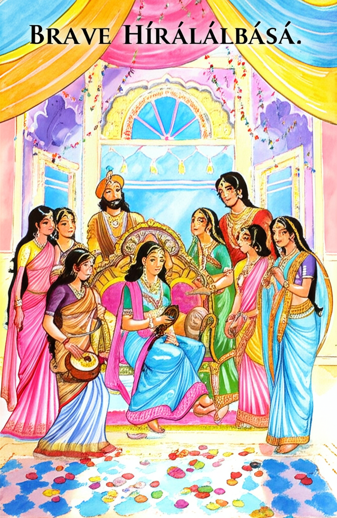 Watercolor illustration, bright and celebratory lighting, of King Manikbasa, his seven wives, Sonahri, and Hiralalbasa all together, happily ever after, in the royal palace. The palace is bathed in sunlight, filled with flowers and music. Sonahri is sitting in the center, brushing her golden hair with a smile on her face. King Manikbasa and his seven wives stand around her, their faces filled with love and gratitude. Hiralalbasa stands proudly by his side, looking happy and content. The scene is filled with joy and harmony, conveying a sense of peace and fulfillment. The overall color palette should be bright and cheerful, reflecting the happy ending. Watercolor with soft blending and natural flow.