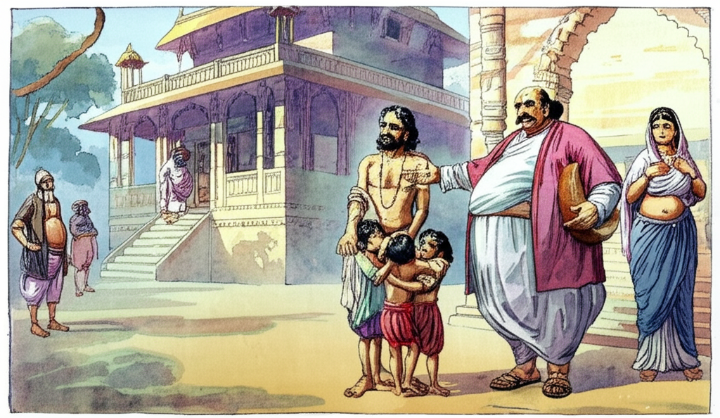 Watercolor illustration depicting Harisarman, a simply dressed man with a slightly worried expression and a few children clinging to him. He is standing in front of a grand, ornately decorated house owned by Sthuladatta, who is a wealthy man with a large belly and a stern face, handing some food to Harisarman. Harisarman’s wife, with a headscarf, looks on with hope. In the background, other servants are milling about, adding to the bustling atmosphere. The scene should convey Harisarman’s initial poverty and dependence.