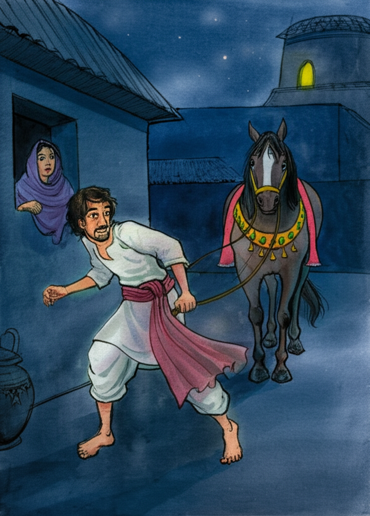 Watercolor painting of Harisarman, in simple clothes, stealthily leading a richly decorated horse away from Sthuladatta’s stable at night. The stable is dimly lit by lanterns. Harisarman has a mischievous glint in his eye. His wife, in a night dress, is peeking out from a nearby window looking worried. Emphasize the secrecy and the quiet of the night. Consistent character design.