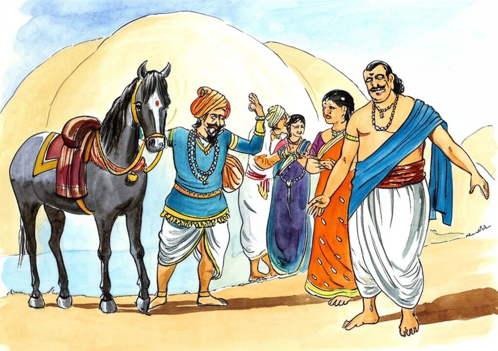 Watercolor illustration showing Sthuladatta, visibly distressed, surrounded by his men who are searching for the horse. In the background, Harisarman stands with a self-important air, gesturing with his hands as if performing magic. His wife is nearby, looking proud. The scene should convey the contrast between Sthuladatta’s worry and Harisarman’s newfound confidence. Maintain consistent character design across illustrations.