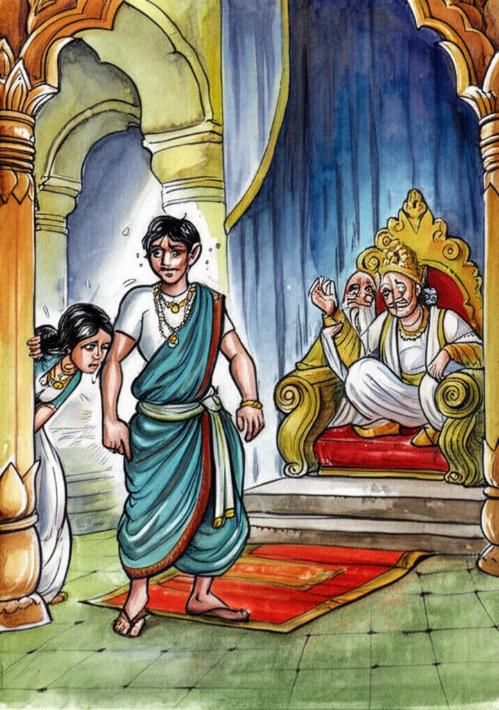 Watercolor painting depicting Harisarman in a royal chamber, nervously standing before the King, who is seated on his throne with his advisor, Devajnanin, whispering into his ear. In the foreground, a maid named Jihva with dark hair and a worried expression is eavesdropping by the door. The treasure room is in the background. Emphasize the tension and anxiety in Harisarman’s face. Consistent character and color for characters across illustrations.