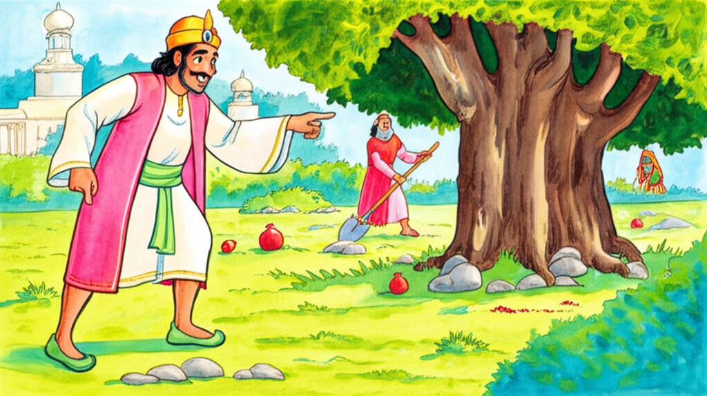 Watercolor illustration showing Harisarman pointing to a spot under a pomegranate tree in the palace garden. The King is smiling with excitement as his guards start digging. Jihva, the maid, is watching from a distance, hiding behind a bush. The scene should capture the moment of Harisarman’s apparent success and the culmination of his trickery. Keep consistent color and design for key characters across all illustrations.