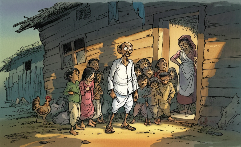 A watercolor illustration of Hím, a thin barber with a worried expression, holding a worn leather razor strap and a tarnished straight razor. Dawn light filters through the cracks in the wooden walls of his dilapidated house, casting long shadows. Twelve children of varying ages, their clothes patched and faded, stand before him, their faces gaunt and their eyes reflecting hunger and sadness. His wife stands framed in the doorway, her hands on her hips, her worn apron suggesting a life of endless toil, her concerned expression etched deep into her face. Patches of faded blue paint peel from the house, revealing the rough-hewn wood beneath. Chickens peck at the dusty ground. The overall color palette leans towards muted browns, grays, and blues, evoking a sense of poverty and desperation, but with hints of early morning gold adding a touch of hope. Soft blending is used to suggest worn textures.
