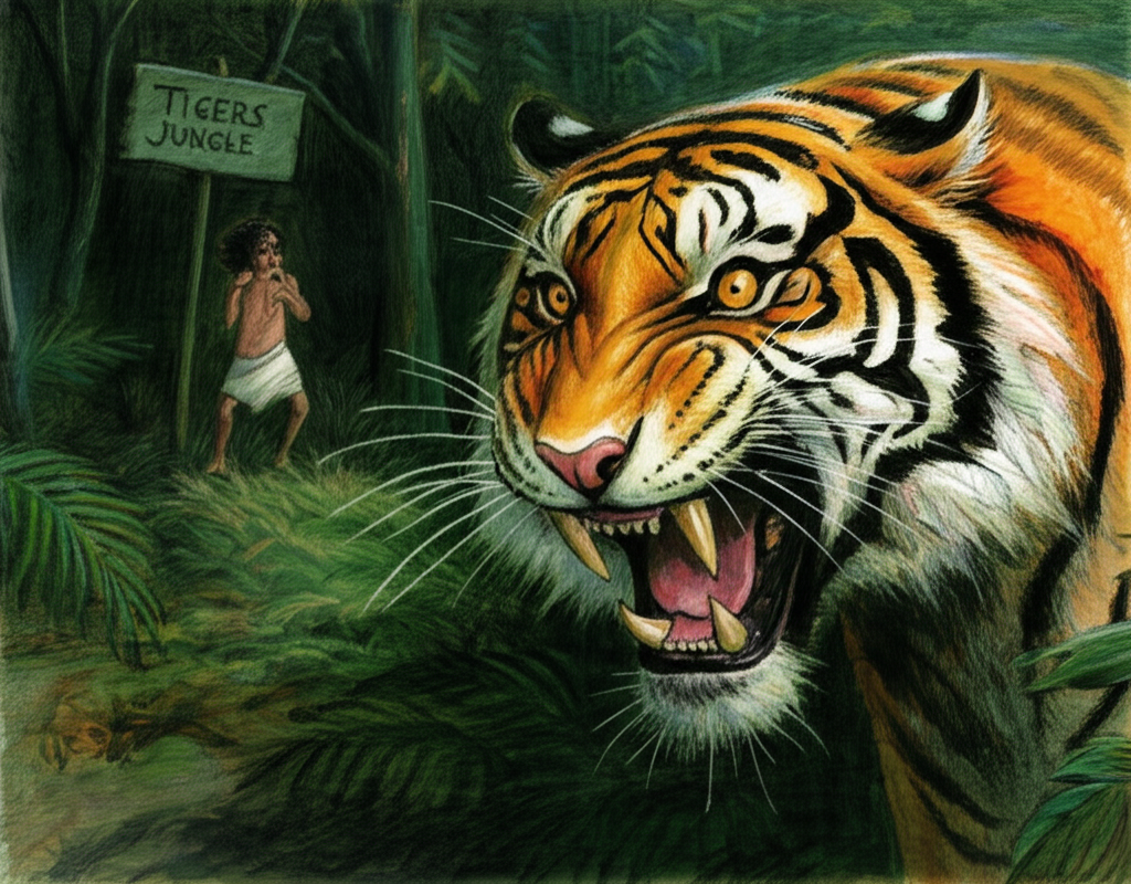 A watercolor illustration depicting Hím, small and seemingly insignificant, standing at the edge of a dark, dense jungle, labeled ‘Tigers’ Jungle’ in faded, hand-painted letters on a decaying wooden signpost in the background. Moonlight filters weakly through the canopy, creating dappled patterns on the jungle floor. Hím, trembling slightly, looks terrified, his eyes wide with fear. In the foreground, a large, menacing Bengal tiger with glowing amber eyes snarls, its teeth bared, saliva dripping from its jaws. The texture of its fur is rough and matted. Deep greens and blacks dominate the scene, contrasting with the tiger’s vibrant orange and black stripes. The overall tone is ominous and threatening, achieved through contrasting light and shadow.