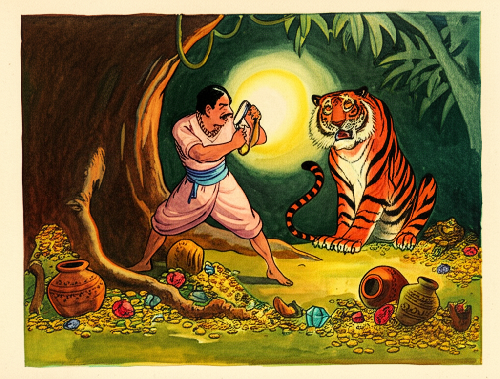 A watercolor illustration of Hím, looking surprisingly confident, brandishing his razor and strap in the flickering light of a makeshift torch. He’s sharpening the razor with practiced motions, creating visible sparks that illuminate his determined face. The sparks also reflect in the tiger’s wide, terrified eyes. The tiger is cowering against a large, gnarled tree root, its ears flattened against its head, eyes wide with fear, its powerful body trembling. Piles of gold coins and jewels, gleaming under the torchlight, are scattered around it, along with broken clay pots. Greens and browns of the jungle contrast with the warm golds and reds of the firelight and the tiger’s coat. The textures of the gold and jewels are suggested by subtle variations in color and shading.