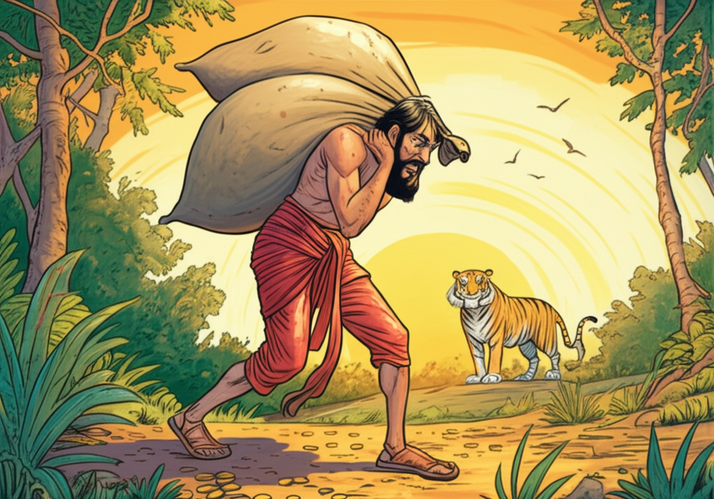A watercolor illustration of Hím, straining under the weight, struggling to carry overflowing burlap sacks of gold coins and jewels. He is walking away from the jungle, the rising sun casting long shadows behind him, with a determined expression on his sweat-streaked face. The jungle looms in the background, a mix of greens and browns. The tiger watches him from a distance, its eyes narrowed, still appearing wary but also defeated. Birds sing in the distance, represented by small brushstrokes in the sky. The texture of the burlap sacks is rough and coarse. The color palette shifts towards warmer tones, suggesting the approaching dawn and a brighter future.