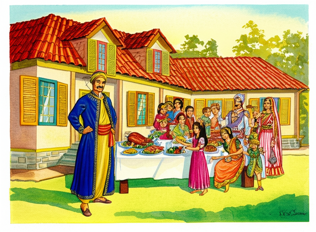 A watercolor illustration of Hím, now dressed in fine, tailored clothes of deep blue and gold, standing proudly in front of a large, newly built house. The house boasts multiple windows with brightly painted shutters, flower boxes overflowing with vibrant blooms, and a red tiled roof. His wife and twelve children are also well-dressed, beaming with joy, and enjoying a feast of delicious food laid out on a long, polished wooden table. Roasted meats, colorful fruits, and steaming vegetables are depicted with mouth-watering detail. Sunlight bathes the scene, creating a warm and inviting atmosphere. The color palette is rich and vibrant, reflecting the family’s newfound prosperity. The textures of the clothes, food, and house are rendered with delicate brushstrokes.
