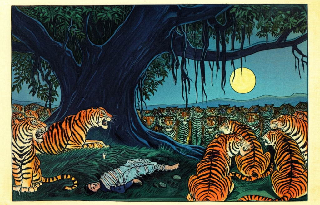 A watercolor illustration of Hím and a thin, bearded fakír hiding in the thick foliage of a large banyan tree at night. The moon is a sliver in the sky, casting an eerie glow. Below them, a large gathering of tigers is having a meeting, their eyes gleaming in the darkness. The one-eyed tiger leader, scarred and battle-worn, sits at the center, surrounded by his followers. A pile of food is underneath the tree, including a bound and gagged person, depicted discreetly. The fakir’s eyes are open wide with terror. Dark blues, greens, and blacks dominate the palette, with small bursts of orange from the tigers’ eyes. Texture of leaves and tree bark is realistically portrayed with many layers of paint