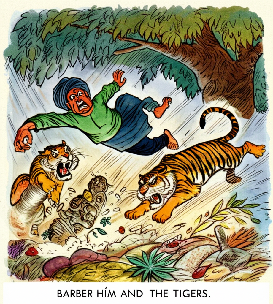 A watercolor illustration of the fakír, mouth agape, flailing wildly as he falls from the tree and lands in the middle of the tigers. Dust and leaves are kicked up in the chaos. The tigers are leaping back in terror, scattering the pile of food. Hím is screaming in the background, his face a mask of horror. The one-eyed tiger leader looks enraged, his teeth bared. The illustration captures the dynamism of the scene, with blurred lines and exaggerated expressions. The palette is a mix of dark blues, browns, and oranges, with flashes of white to emphasize the movement.