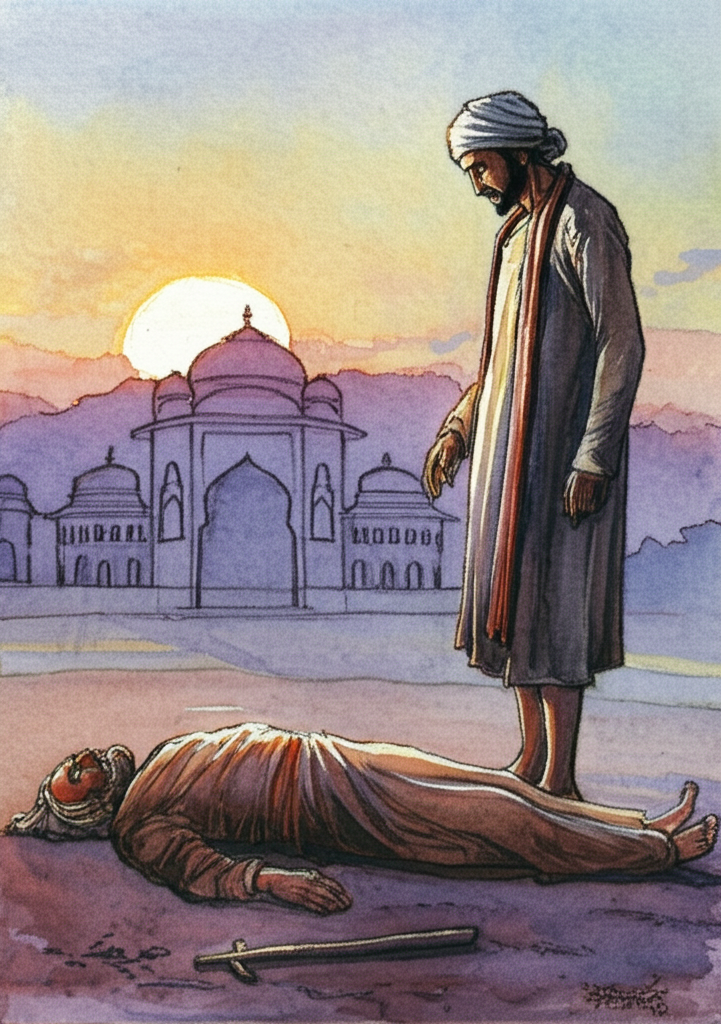 A watercolor illustration of Hím standing solemnly over the deceased Fakir. The Fakir is draped in rough, brown cloth, his face peaceful despite his grim fate. Hím is holding the Fakir’s hand, his head bowed in sorrow, a single tear tracing a path down his cheek. His luxurious house, bathed in the warm glow of the setting sun, is visible in the background, a silent reminder of his success purchased at a terrible cost. The color palette is muted and somber, with shades of gray, brown, and violet. The texture of the Fakir’s robe and the surrounding earth is rough and detailed. The overall tone is melancholic and reflective.