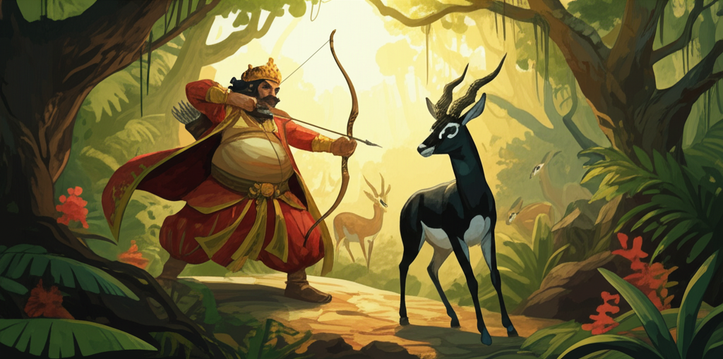 Watercolor illustration: Golden hour in a lush jungle. King Burtal, with a large, jovial belly straining against his golden-threaded, crimson robes and a golden crown slightly askew, aims a polished, ornate bow and arrow. Sunlight filters through the dense canopy, casting dappled shadows on the scene. The black antelope, its fur gleaming ebony in the light, stands alert and startled, with wide, intelligent eyes reflecting the impending danger. Brown and yellow antelopes graze peacefully in the background, unaware. The jungle floor is a tapestry of deep greens and earthy browns, with hints of vibrant orchids and ferns. Focus on the tension of the hunt, the king’s confident smirk contrasting with the antelope’s regal fear. Artistic style: soft watercolor with gentle blending and natural flow.