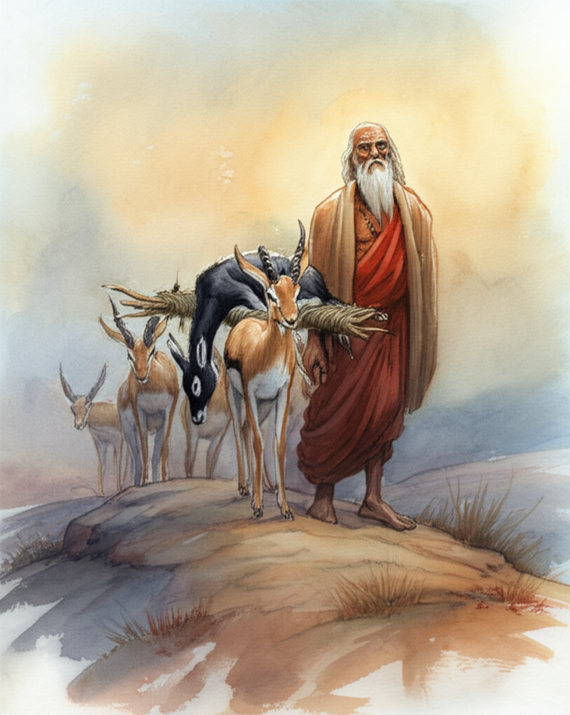 Watercolor illustration: Somber scene. Antelopes, their eyes filled with grief and heads bowed, carry the limp, lifeless body of the black antelope on a makeshift stretcher made of woven vines. The fur is dull and lifeless. They move towards the wise man Goraknáth, who stands on a small hillock bathed in soft, melancholic light. He has a long, flowing white beard, wrinkles etched deep into his face, and wears simple, earth-toned robes. His hands are clasped together in a gesture of sorrow. King Burtal, still adorned in his royal attire, trails behind with a smug, almost petulant expression. The sky is overcast, casting a diffuse light that accentuates the sadness. Focus on the weight of loss and the king’s lack of remorse. Artistic style: soft watercolor with gentle blending and natural flow, emphasizing muted earth tones.