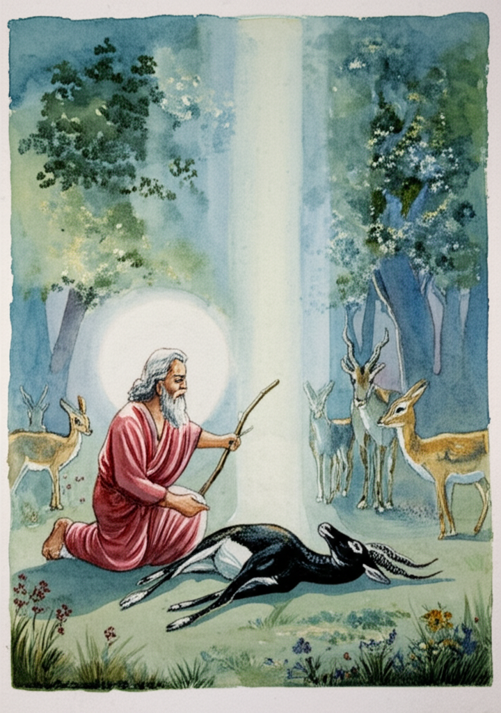 Watercolor illustration: Hopeful scene. Goraknáth, kneeling in a clearing bathed in ethereal light, his eyes closed in deep concentration, holds a simple, weathered wooden stick over the lifeless body of the black antelope. The stick is worn smooth from years of use. A single, powerful beam of light shines down from the heavens, illuminating the antelope’s body. Other antelopes look on with expressions of hope and anticipation, their eyes wide with wonder. The surrounding trees are lush and vibrant, symbolizing the possibility of renewal. Focus on the anticipation and the divine intervention. Artistic style: soft watercolor with gentle blending and natural flow, using light blues and golds for the beam of light and brighter greens for the surrounding foliage.