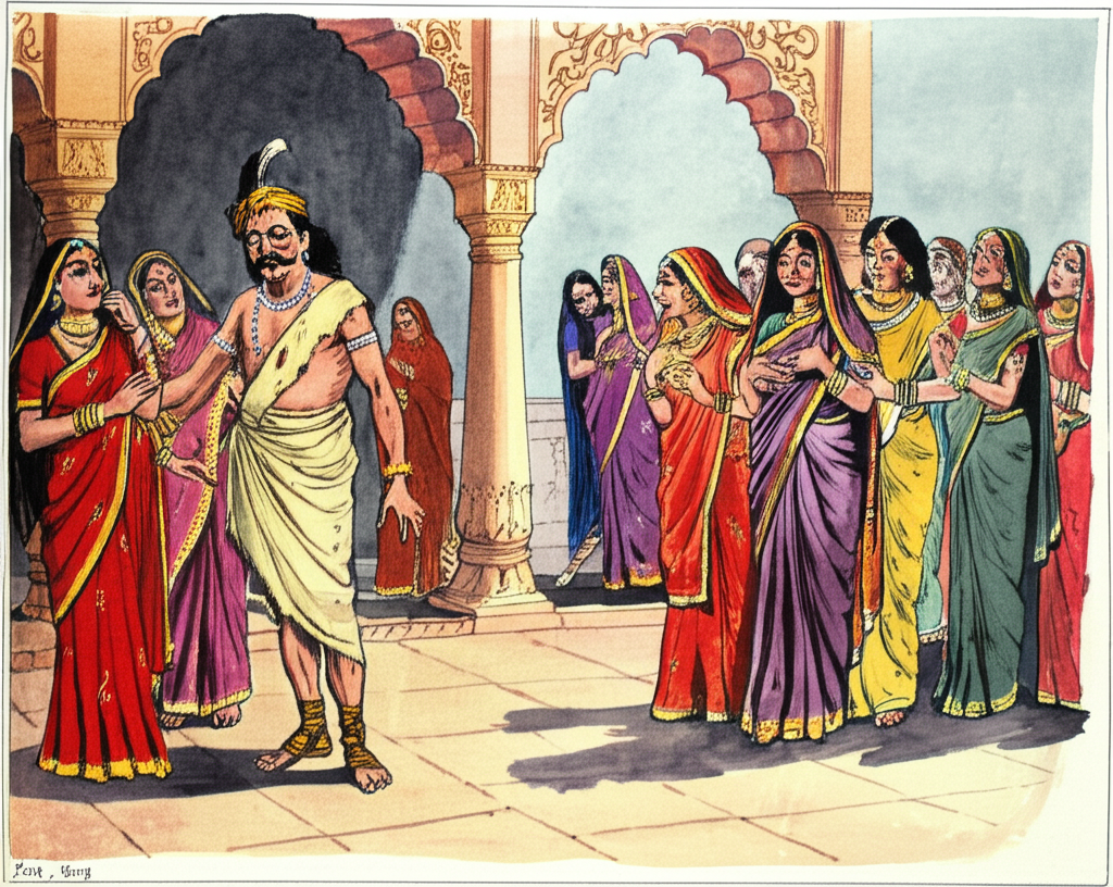 Watercolor illustration: Humiliating scene. King Burtal, now dressed in a simple, coarse cloth and wearing a tattered tiger’s skin, approaches his 160 wives in the royal courtyard. They are sumptuously dressed in silk saris of vibrant colors (reds, purples, greens) and adorned with intricate jewels. He begs them, his voice cracking with desperation, “Mommy, give me rice!” Their faces express shock, disgust, and utter dismay. Some clutch their jewels in disbelief. The courtyard is paved with worn stone, and the pillars of the palace are carved with intricate designs. Focus on the contrast between the king’s downfall and his wives’ opulent lifestyle. Artistic style: soft watercolor with gentle blending and natural flow, highlighting the detailed textures of the saris and jewels.